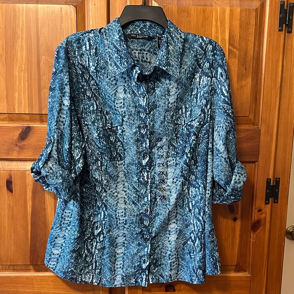 NWT Zac & Rachel Blue Patterned Button Down Shirt Small for 2X